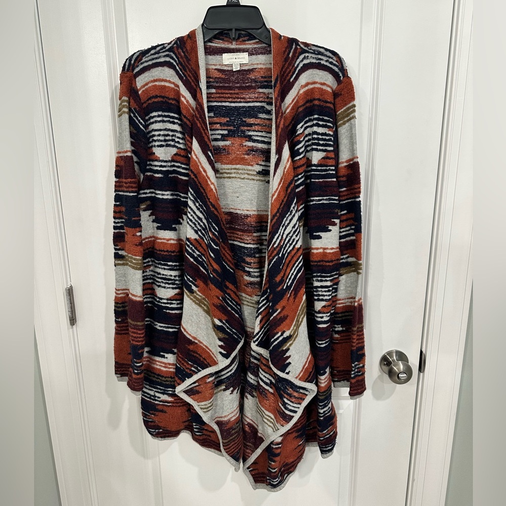 Open-Front Aztec Print Cardigan Sweater - Rust/Black